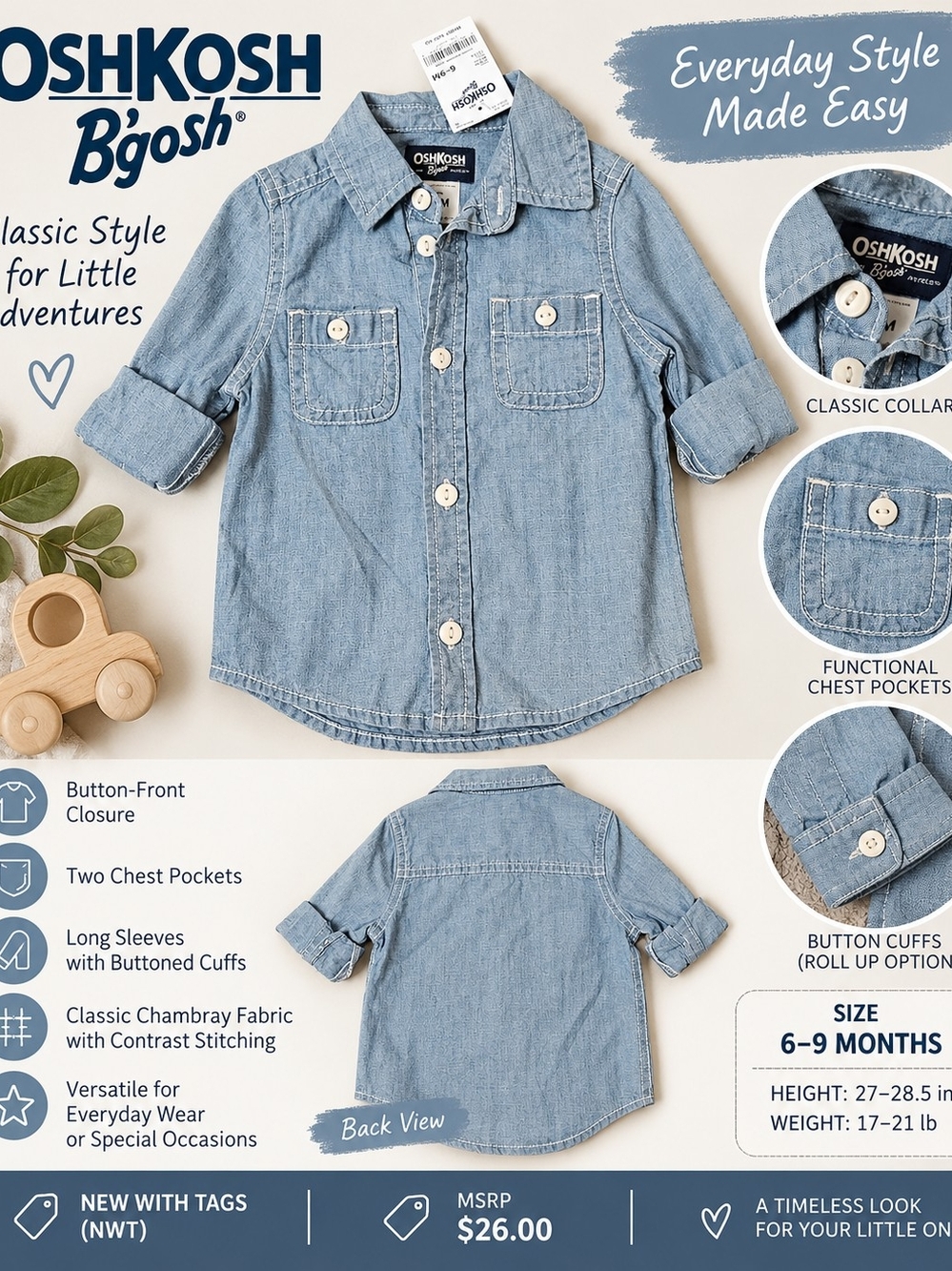 OshKosh B'gosh Light Blue Chambray Button-Front Shirt Size: 6–9M NWT